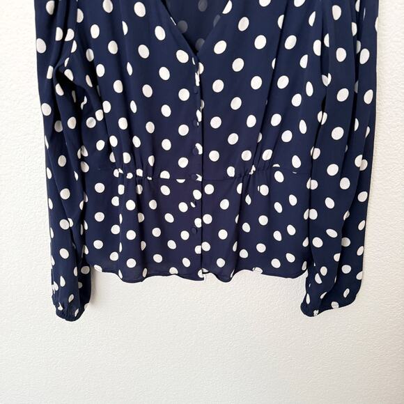 [J. Crew] Navy Blue White Polka Dot Long Sleeve Crepe Peplum V-Neck Blouse Sz 12 - Picture 10 of 12